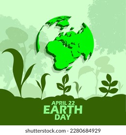 Globe icon located in garden yard and bold text to commemorate Earth Day on April 22
