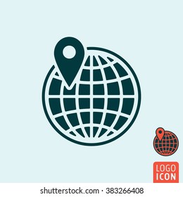 Globe icon. Globe with location mark icon isolated, minimal design. Vector illustration