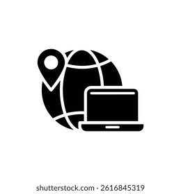 Globe Icon with Location Pin and Laptop for Travel and Digital Services