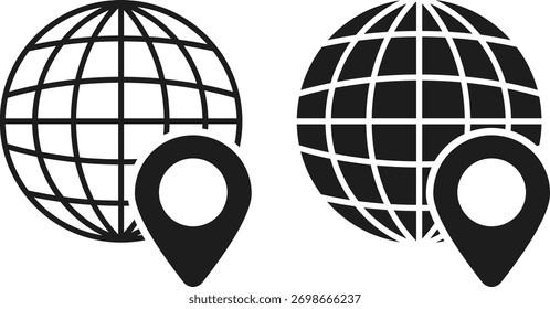 Ícone de globo com conjunto de símbolos de localização. símbolos de localização geográfica. Localização global, navegação GPS e coleção de ícones do World Map. Mapa mundial