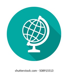 Globe icon with long shadow. Flat design style. Round icon. Globe silhouette. Simple circle icon. Modern flat icon in stylish colors. Web site page and mobile app design vector element.