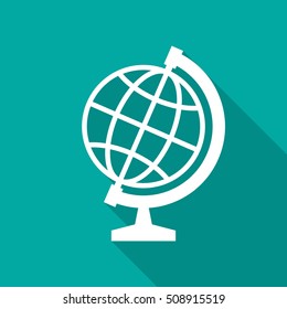 Globe icon with long shadow. Flat design style. Globe silhouette. Simple green icon. Modern flat icon in stylish colors. Web site page and mobile app design vector element.