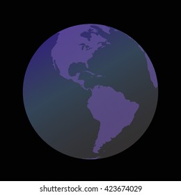 Globe icon with map consisting of pentagons. Globe icon with map continents of the world. Globe with continents in the form of honeycombs. Illustration of Earth isolated on dark background.