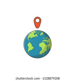 Globe icon with marker. Earth and red pin. Flat graphic illustration for templates, web sites, infographics and printed materials.