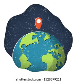 Globe icon with marker. Earth and red pin. Flat graphic illustration for templates, web sites, infographics and printed materials.