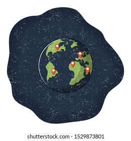 Globe icon with marker. Earth and red pins. Flat graphic illustration for templates, web sites, infographics and printed materials.