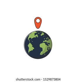 Globe icon with marker. Earth and red pin. Flat graphic illustration for templates, web sites, infographics and printed materials.