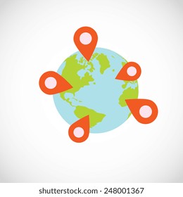 Globe icon with marker, flat style, vector illustration.