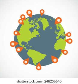 Globe icon with markers, flat style, vector illustration. 