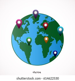 Globe icon with markers, vector illustration.