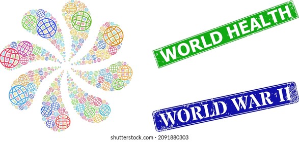 Globe icon multi colored rotation motion flower salute shape, and scratched World Health badge. Blue World War Ii and green World Health rectangle grunge seal stamps.