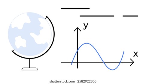 Globe icon next to a mathematical graph with x and y axes, blue line graph, and horizontal lines. Ideal for education, global data analysis, science, geography, statistics, technology, academic