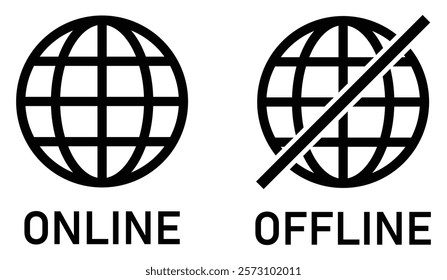 Globe icon with no signal and good signal sign symbol. Set of online and offline internet connection icons black color. Internet connection online and offline sign. Flat design. Vector illustration.