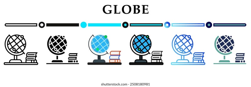 Globe icon on banner web icons collection. 6 Various style icons. For sign, symbol, element, presentation, infographic or web graphics. Vector Illustration.