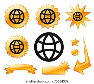 Globe-Symbol auf Orange Burst Banners und Medals Original Vektorgrafik