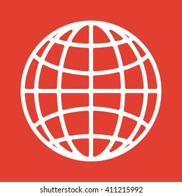Globe icon on red background.