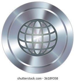 Globe icon on round stainless steel modern industrial button