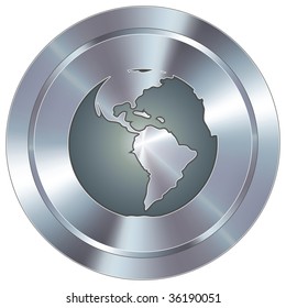 Globe icon on round stainless steel modern industrial button