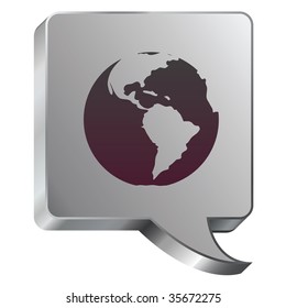 Globe icon on stainless steel modern industrial voice bubble icon suitable for use as a website accent, on promotional materials, or in advertisements.
