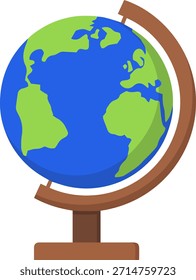 “Icono educativo del globo en el soporte, Vector plano, tono azul verde, estilo mínimo”
