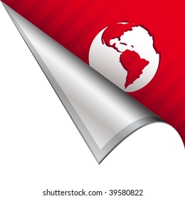 Globe icon on vector peeled corner tab suitable for use in print, on websites, or in advertising materials.