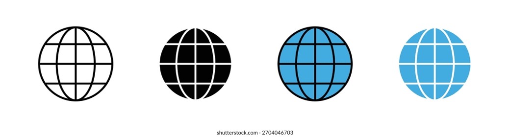 Icono de globo en estilo de contorno, sólido y color, que representa el mundo, la conexión global, los viajes y los servicios internacionales.