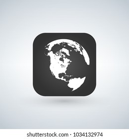 Globe icon over black app button with shadow, vector illustration.