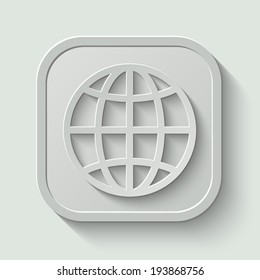Globe Icon -  paper button with shadow on light background