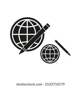 Globe icon. Pencil symbol. Global writing tool. Black and white vector.