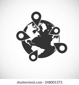 Globe icon with pins, flat style, vector illustration.