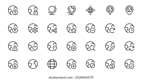 Globe icon. Planet Earth, world map, location, weather icon. linear Editable Stroke. Line, Solid, Flat Line, thin style and Suitable for Web Page, Mobile App, UI, UX design.