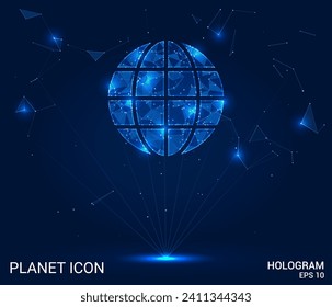 Globe Icon: Poly-Mesh Hologram and Vector Design. This planet icon merges holographic motifs with vector graphics, symbolizing global unity.