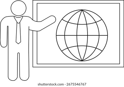 Globussymbol und Präsentationssymbol auf Monitor mit weißem Hintergrund.mit schwarzen Linien