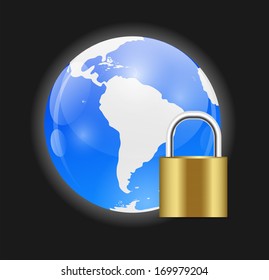 Globe Icon with Protection Lock Vector Illustration