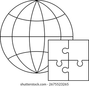 ícone de globo e ícone de quebra- cabeça com fundo branco.com linhas pretas