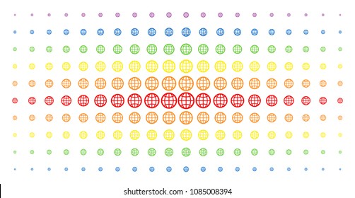 Globe icon rainbow colored halftone pattern. Vector globe pictograms are organized into halftone array with vertical spectral gradient. Designed for backgrounds, covers,
