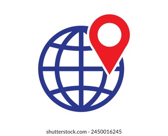 Globe icon with red pointer vector. Location map pointer, marketing, business, worldwide, GPS navigation. Can use for infographic, banner, poster, web design. Isolated on white background. 