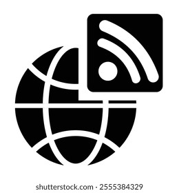 Globe icon, RSS feed symbol, minimalist design, black and white, digital communication, vector graphic, technology concept, internet connectivity. Globe Icon for internet Service
