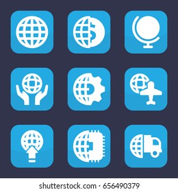 Globe icon. set of 9 filled globe icons such as clobe gear, cpu planet