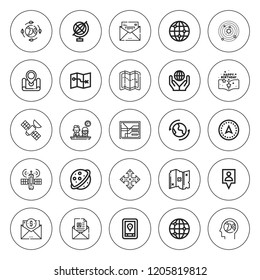 Globe icon set. collection of 25 outline globe icons with card, earth grid, email, earth, globe, gps, map, navigation, planet earth, satellite, saturn icons. editable icons.