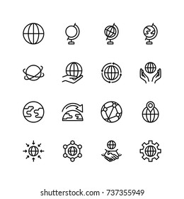 Globe icon set. Collection of high quality outline world pictograms in modern flat style. Black earth symbol for web design and mobile app on white background. Info line logo.