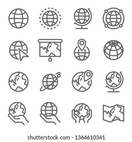 Globe Icon Set. Contains Such Icons As World Map, Pin, Speed, Run ,Boost And More. Expanded Stroke