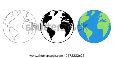 Globe icon set. Earth symbol collection. Earth icon line, silhouette, and flat color style.