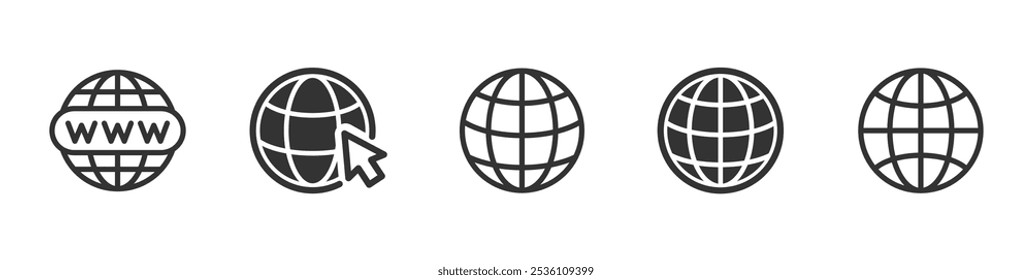 Globe icon set. Go to web symbol icon. Collection www symbol, Web icon, website, homepage icon set, earth clip art, globe symbol. Globe with arrow. Editable stroke. Vector illustration.