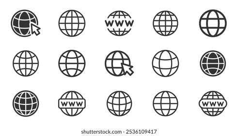 Globus-Symbolsatz. Wechseln Sie zum Symbol des Websymbols. Sammlung www-Symbol, Web-Symbol, Website, Homepage-Symbol-Set, Earth ClipArt, Globussymbol. Globus mit Pfeil. Bearbeitbarer Strich. Vektorgrafik.