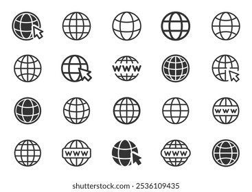 Conjunto de ícones do globo. Ir para ícone de símbolo da Web. Coleção Símbolo www, ícone da Web, site, conjunto de ícones de homepage, clip-art terra, símbolo do globo. Globo com seta. Traçado editável. Ilustração vetorial.