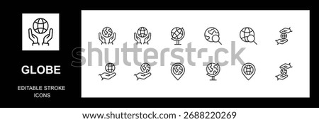 Globe icon set. globe with hand, Earth, hand, globe, location, orbit, support, representing global network, Editable stroke, Vector illustration