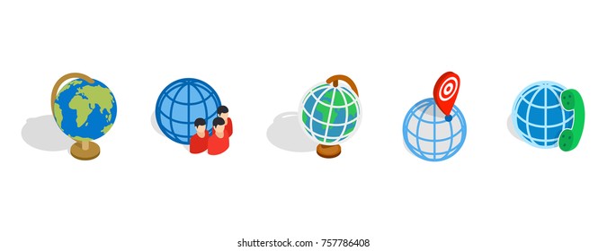 Globe icon set. Isometric set of globe vector icons for web design isolated on white background