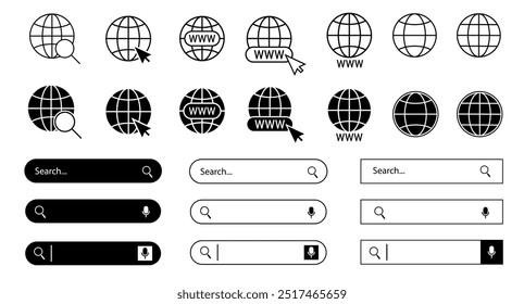 Globe icon set. Search bar. Search bar vector icons in flat design. Website Icon.  World icon. Www icons with cursor. Vector www icon. 