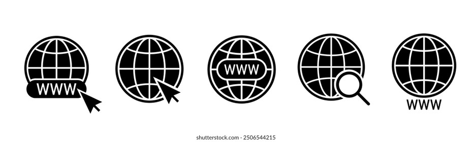 Conjunto de iconos de globo. Icono de Sitio web.  Icono mundial. Www iconos con cursor. Icono mundial del globo. Vector 